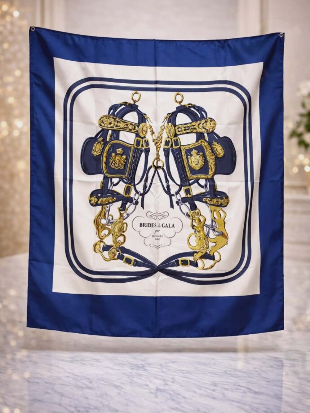 Authentic Hermès Brides de Gala Silk Scarf Blue Gold Equestrian Print Square 90